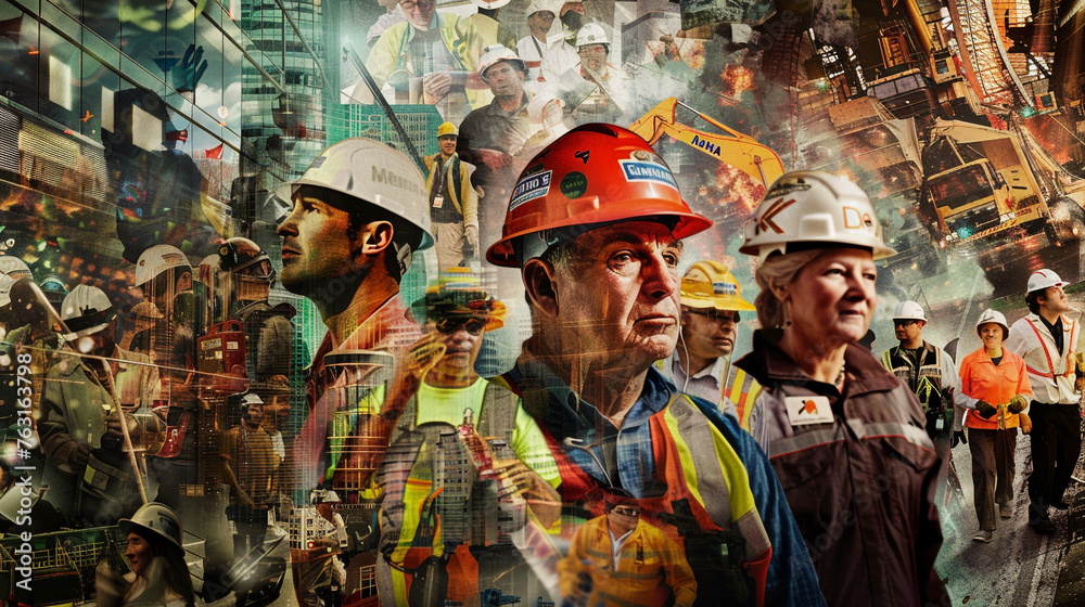 A montage capturing the essence of various professions, from construction workers to healthcare professionals, all contributing to society on Labour Day. 32K.