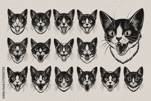 Flat cute meowing snowshoe cat head silhouette design set