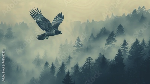 Astute Falcon in Hunter's Garb, diving with a dense forest silhouette background photo