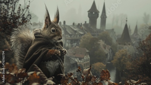 Cheerful Squirrel in Minstrel's Clothes, playing with a medieval town silhouette background
