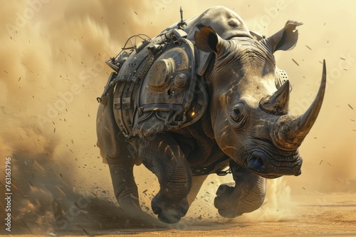 Courageous Rhino in Battlegear, charging with a dusty plain silhouette background. © Kanisorn
