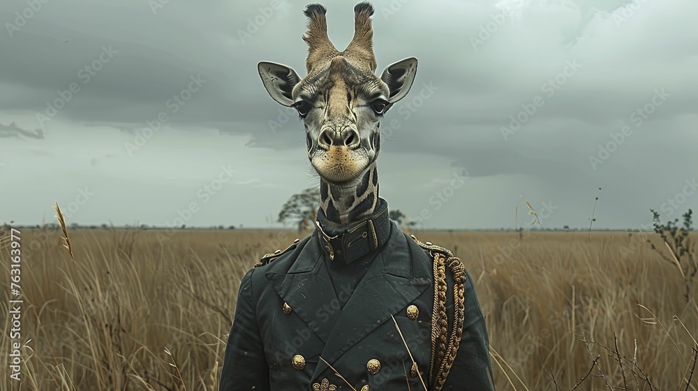 A majestic giraffe, regal in a high guard's attire, surveys the savanna against a striking gothic backdrop. - obrazy, fototapety, plakaty 