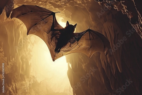 An enigmatic bat, draped in an alchemist's cloak, soared against the silhouette of a mysterious cave entrance. photo