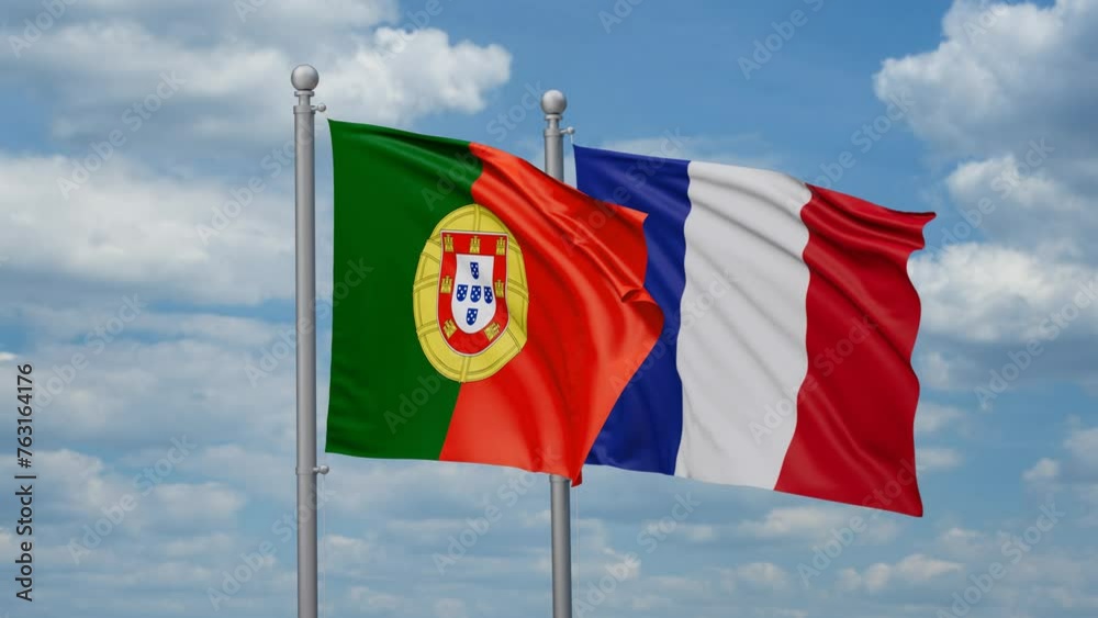 France and Portugal flags waving together, looped video, two country relations concept France and Portugal flags waving together, looped video, two country relations concept
