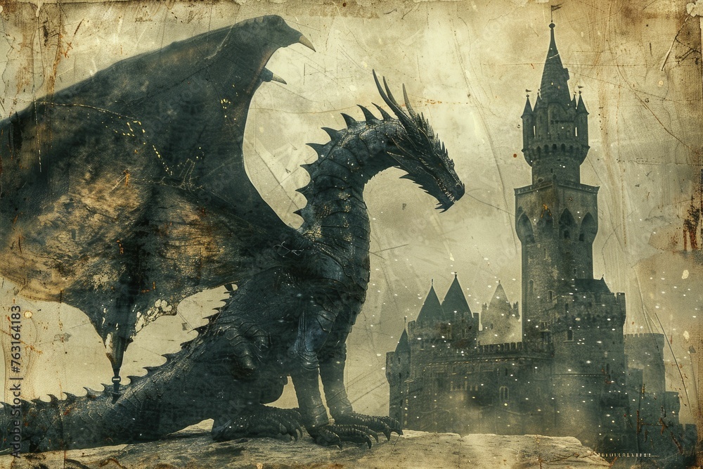 Guardian Dragon in Protector's Armor, looming with a castle tower silhouette background. - obrazy, fototapety, plakaty 
