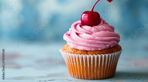 an image of a delightful cupcake with a cherry on top and pink cream frosting