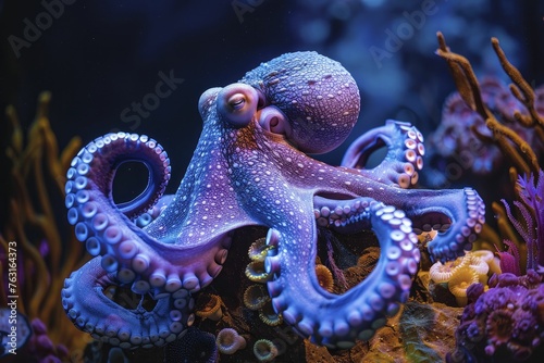 An octopus inquisitively tinkers with tools amidst a stunning coral reef backdrop, embodying innovation and exploration. © Kanisorn