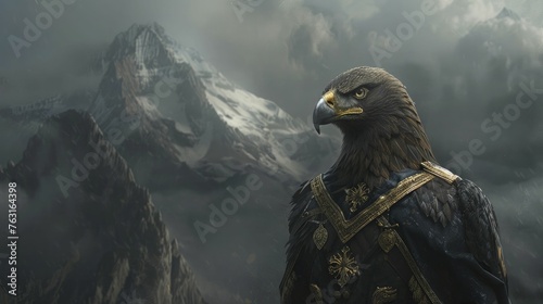 The regal eagle, adorned in a general's uniform, surveys the vast expanse against a foreboding backdrop.