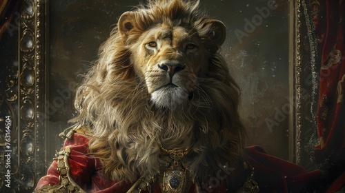 A majestic lion  draped in nobleman s attire  strikes a regal pose against a gothic backdrop  exuding timeless grandeur.