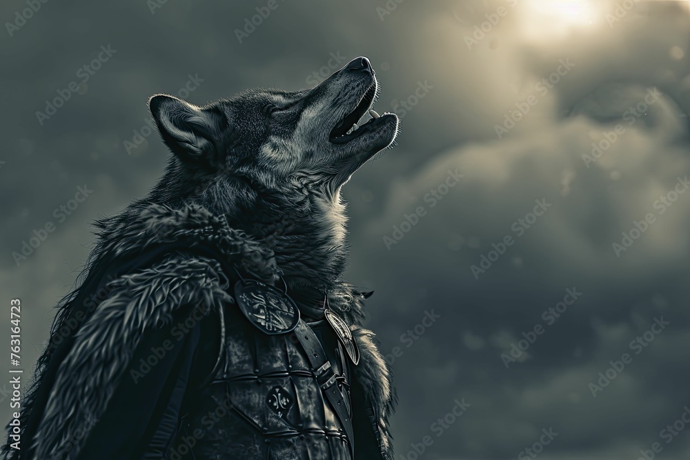 Fototapeta premium Noble Wolf in Knight's Armor, howling against a battlefield silhouette background