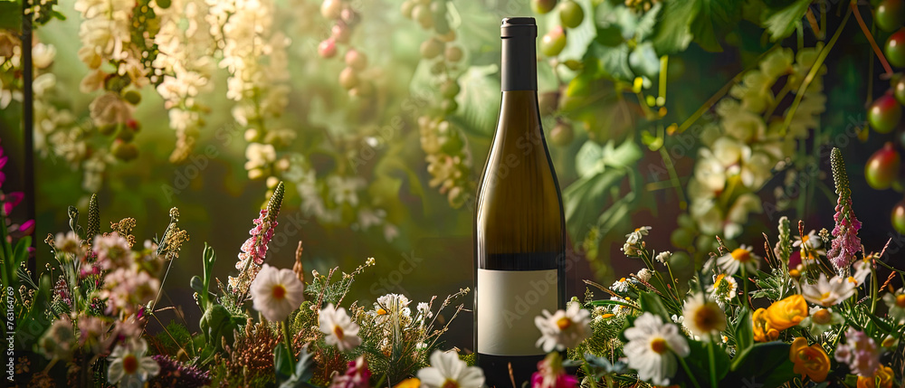 Bottle of white wine is sitting in a field of flowers. Concept of relaxation and enjoyment