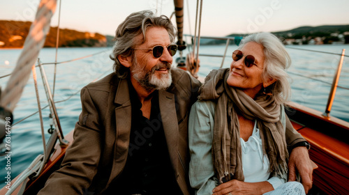 Senior Couple Enjoying Life Together on Sailing Boat at Sunset