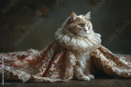 The majestic feline exudes elegance in a queenly coronation gown, seated gracefully against a dark backdrop.