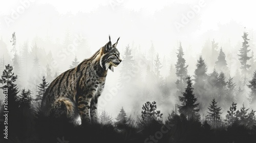 A stealthy lynx, concealed in hunter's garb, prowls amidst the shadowy backdrop of a boreal forest.