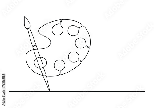 One continuous line drawing of a painting brush with colour palette for world art day vector illustration.