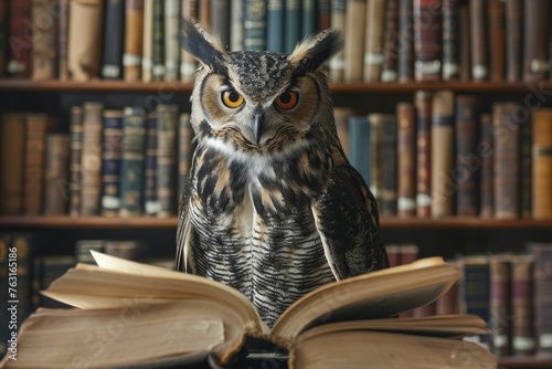 Wallpaper Mural Wise Owl in Scholar's Attire, perched with a library silhouette background Torontodigital.ca