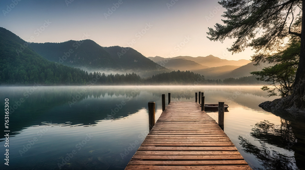 Naklejka premium Beautiful landscape with high mountain peaks next to a lake, a long pier in the water. Dark mode colors. Generated AI