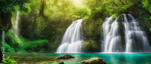 Beautiful veil cascading waterfalls  mossy rocks  blurred water. Generated AI