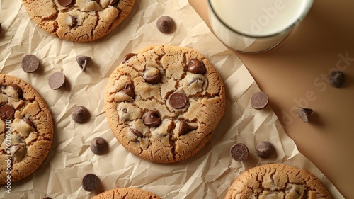 Chocolate Chip Cookies with Milk on Light Brown Table

