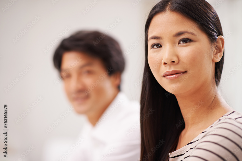 Portrait, Asian woman and man in office, partnership and employees in corporate company with teamwork. Collaboration, girl and male person working together for project of startup business with smile Portrait, Asian woman and man in office, partnership and employees in corporate company with teamwork. Collaboration, girl and male person working together for project of startup business with smile