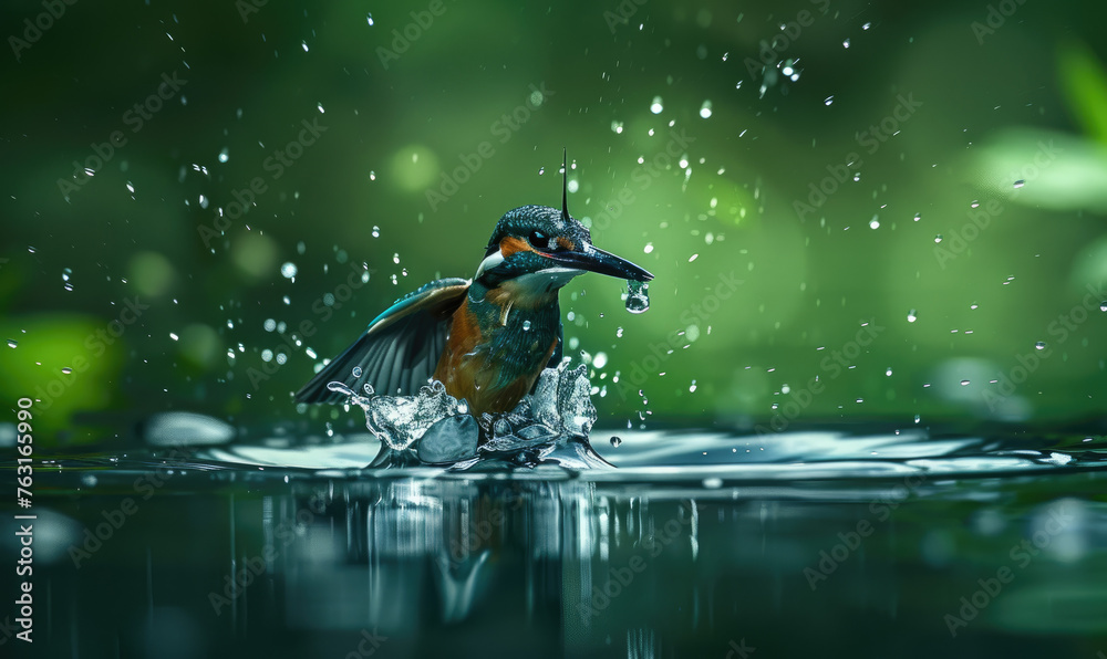 Fototapeta premium Kingfisher emerging from water with wing outstretched