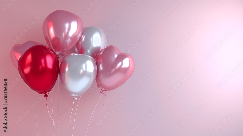 Shiny white, silver, pink, and red balloons on light pink background