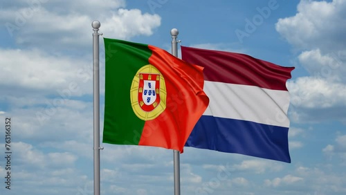 Netherlands and Portugal two flags waving together, looped video, two country relations concept photo