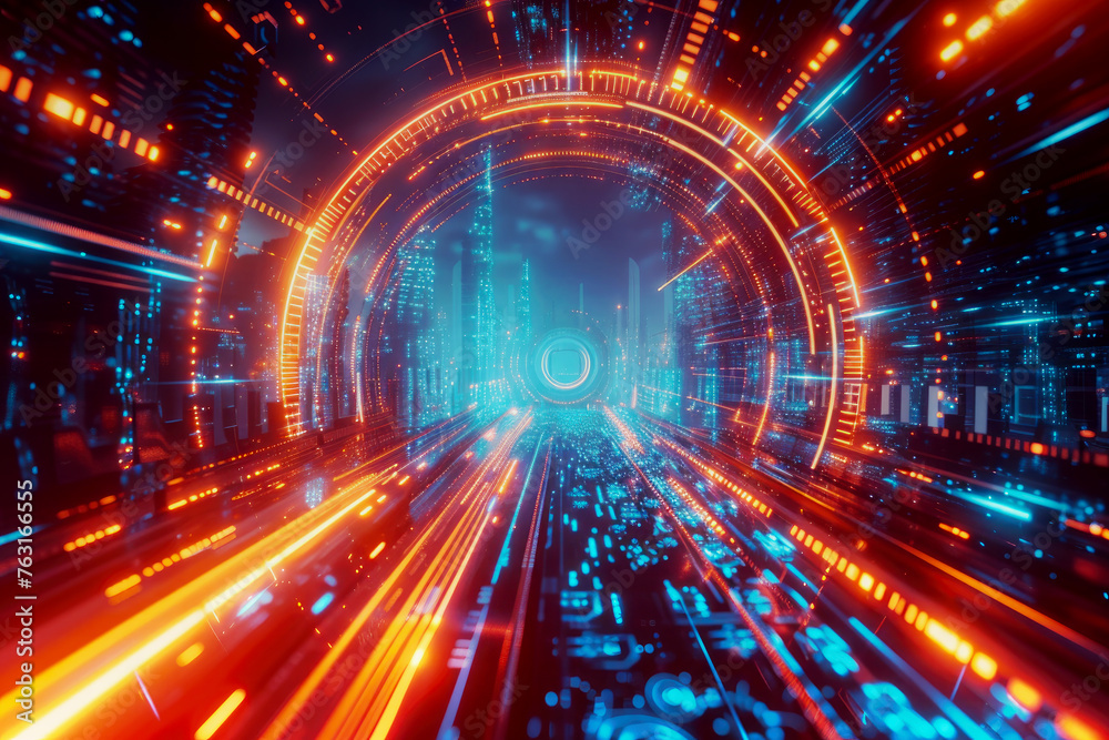 Fototapeta premium futuristic orange neon light speed tunnel walkway.