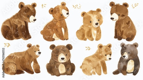 Simple clipart set of gouache or watercolor cartoon cute brown bears in pastel colors on a white background