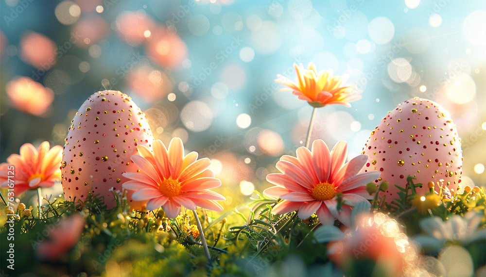 Painted Easter eggs on the grass. Easter eggs for hunt. Sunny positive climate. Beautiful surroundings and cheerful animation. Spring sunlight and fresh flowers in the wind