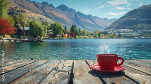 Queenstown, New Zealand The scene revealed towering mountains. pure lake And the lush greenery conveys the essence of this adventure paradise to a beautiful landscape with a red coffee cup.