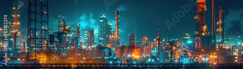 A digitally enhanced industrial landscape glowing with futuristic lights at night. photo