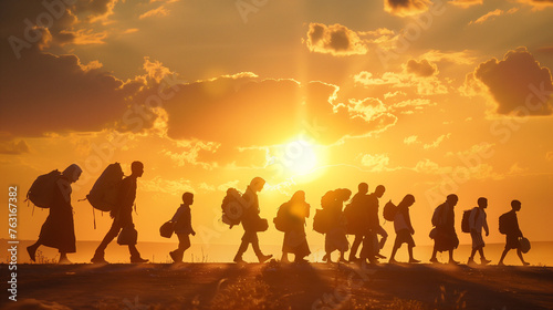  Individuals walking through a desert carrying belongings. photo