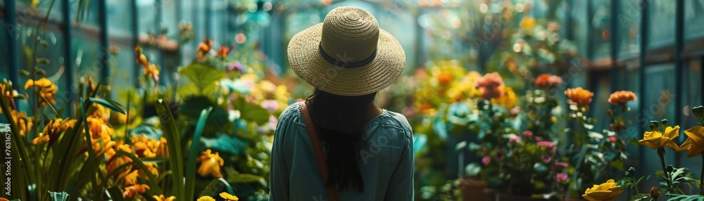 A person in a straw hat wanders through a lush greenhouse full of vibrant flowering plants