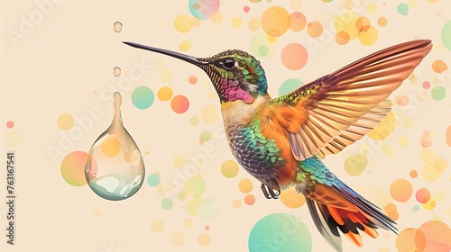an image of a rainbow-colored hummingbird with a cute demeanor, set against a backdrop with a single drop of water