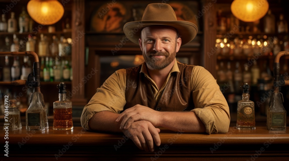 Bartender in Western saloon with whiskey sour authentic cowboy memorabilia