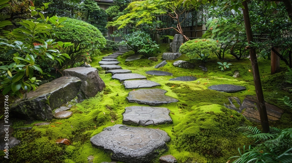 A serene stone path meanders through a lush moss-covered Japanese garden