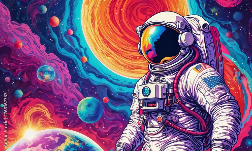astronaut is standing on a planet with a colorful, swirling sky background. The astronaut is wearing a spacesuit and has a helmet on. The planet they are standing on has purple and orange hues.