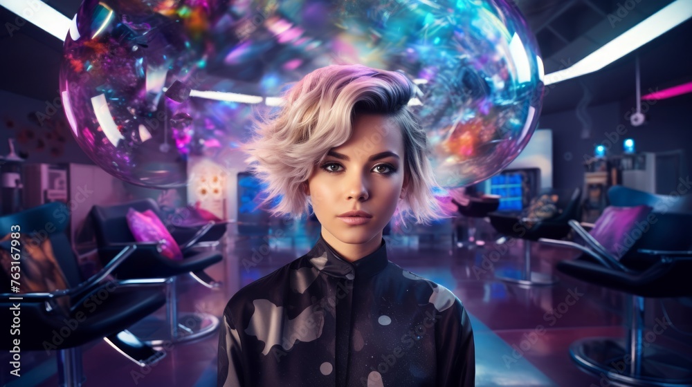 Fototapeta premium Space salon scene female stylist with levitating tools holographic galaxy setting