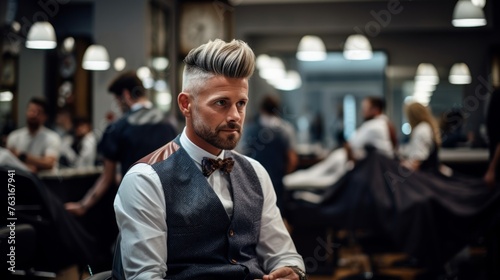 Bustling city salon scene skilled male hairdresser multitasking urban energy