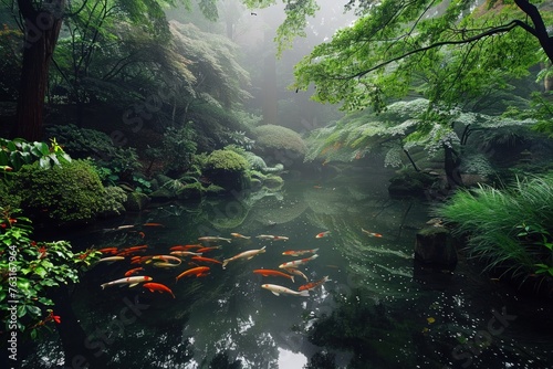 A tranquil koi pond surrounded by vibrant foliage in a misty Japanese garden