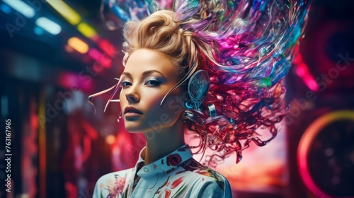 Futuristic hairstyling in space salon stylist creates with levitating gear cosmic ambiance