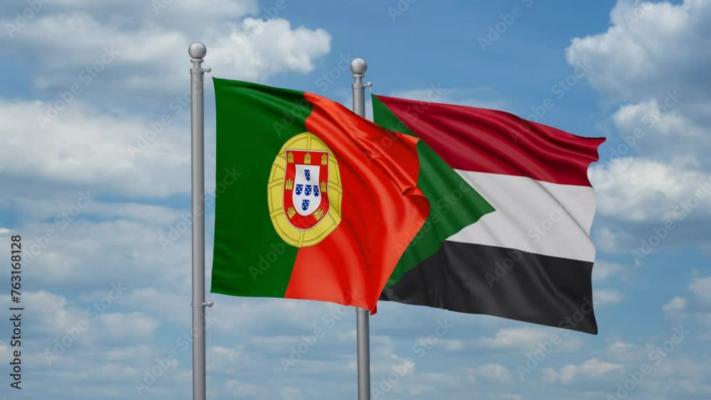 Sudan and Portugal two flags waving together, looped video, two country cooperation concept Sudan and Portugal two flags waving together, looped video, two country cooperation concept