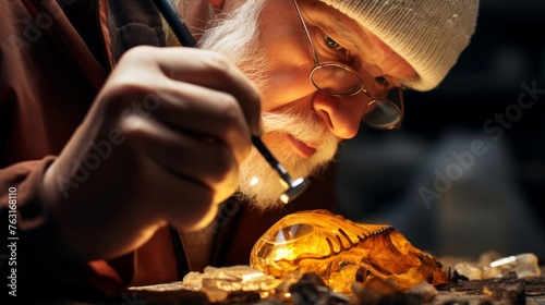 Close-up on paleontologist extracting insect from amber magnifying glass and specimens