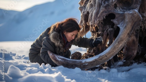 Frozen tundra excavation of woolly mammoth by female paleontologist icy landscape