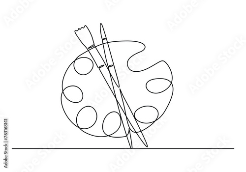 Cuadro en lienzo Palette with paints and brush continuous single line drawing vector illustration