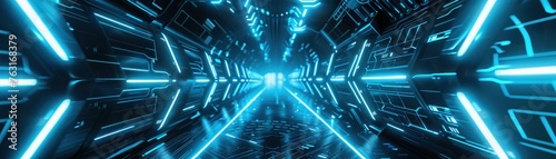 An Interior of a futuristic tunnel with glowing blue neon hexagonal patterns.