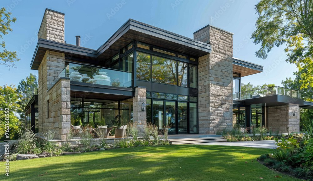 Modern house design with two floors, stone facade and large windows overlooking the green lawn