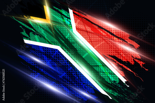 South Africa Flag with Brush Paint Style, Halftone and Glowing Light Effect. South Africa Flag Background with Grunge Concept