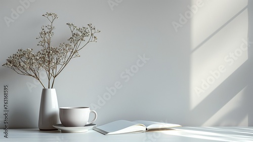 無機質な部屋の花瓶とこひーカップと本